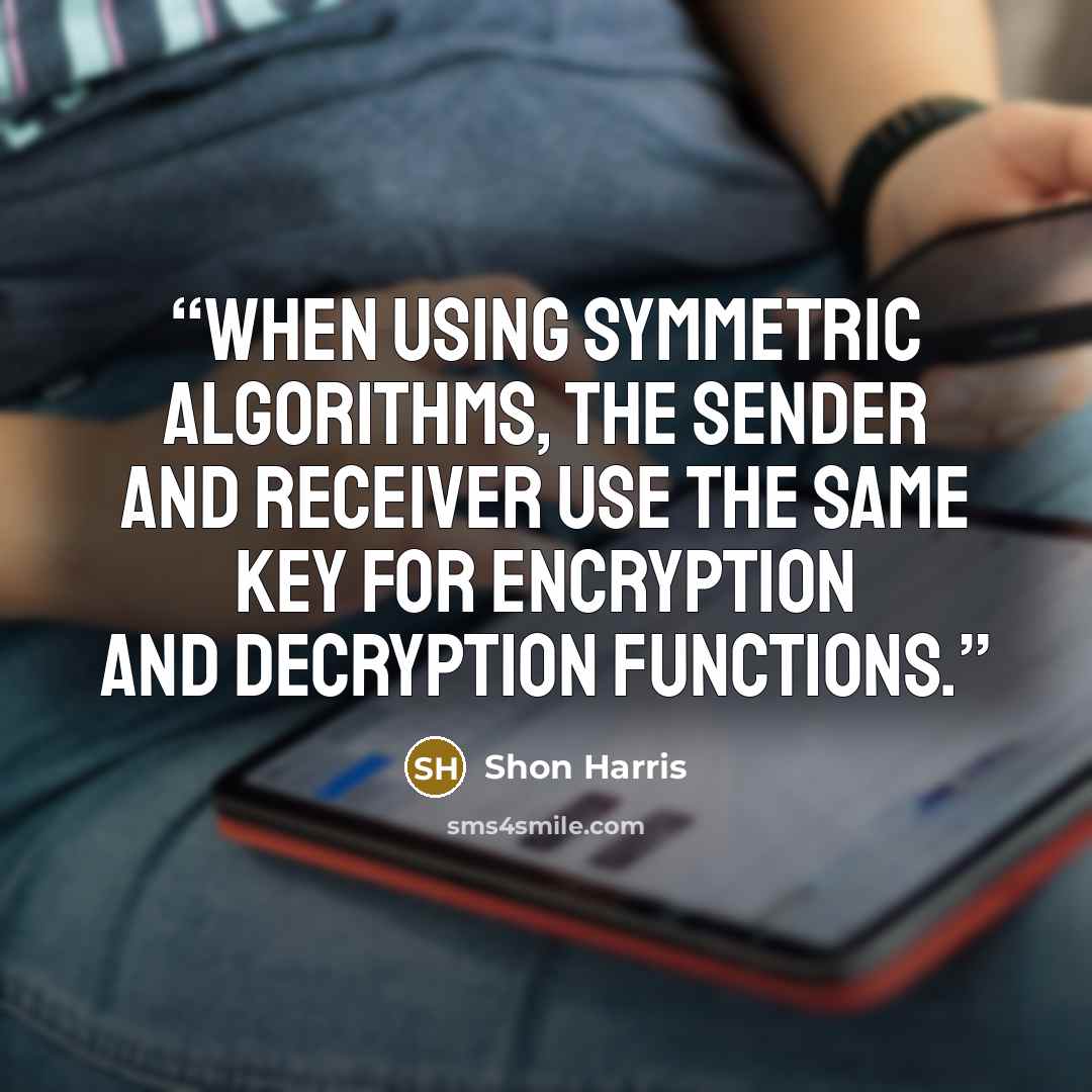 “When using symmetric algorithms, the sender and receiver use the same key for encryption and decryption functions.” quote by Shon Harris