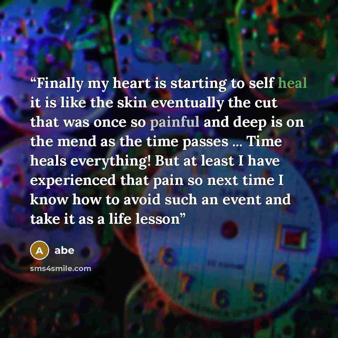 “Finally my heart is starting to self heal it is like the skin eventually the cut that was once so painful and deep is on the mend as the time passes ... Time heals everything! But at least I have experienced that pain so next time I know how to avoid such an event and take it as a life lesson” quote by abe