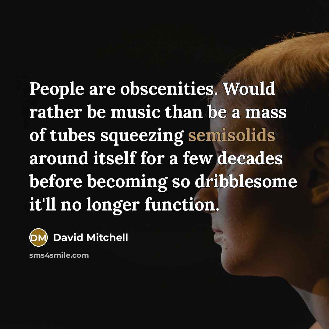 “People are obscenities. Would rather be music than be a mass of tubes squeezing semisolids around itself for a few decades before becoming so dribblesome it'll no longer function.” quote by David Mitchell