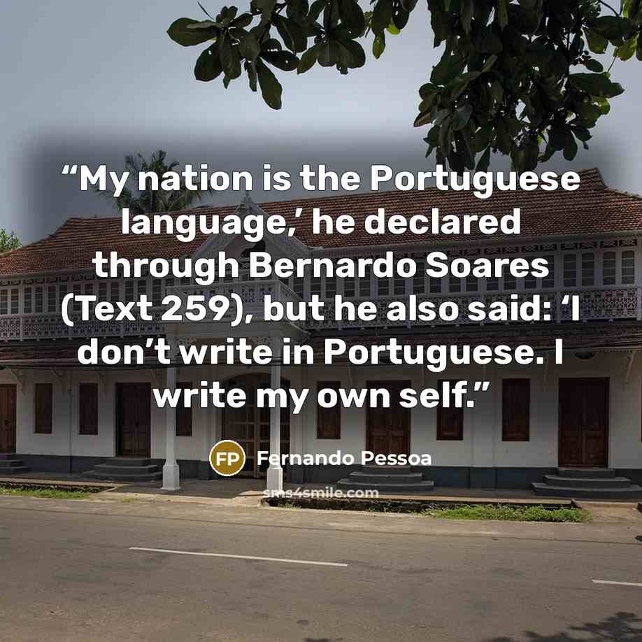 “My nation is the Portuguese language,’ he declared through Bernardo Soares (Text 259), but he also said: ‘I don’t write in Portuguese. I write my own self.” quote by Fernando Pessoa