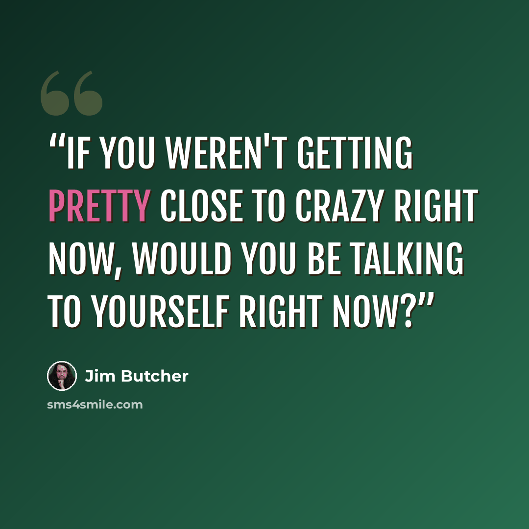 “If you weren't getting pretty close to crazy right now, would you be talking to yourself right now?” quote by Jim Butcher