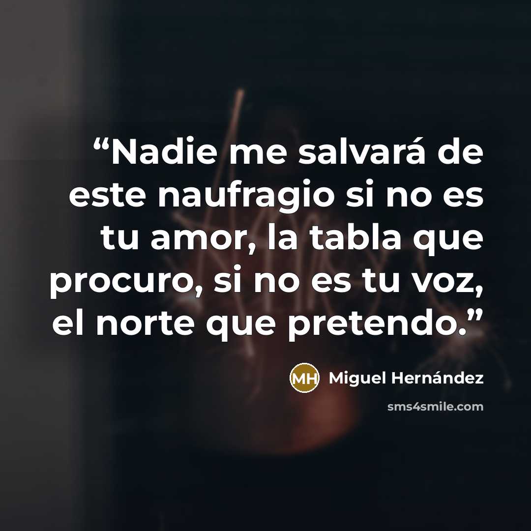 “Nadie me salvará de este naufragio si no es tu amor, la tabla que procuro, si no es tu voz, el norte que pretendo.” quote by Miguel Hernández