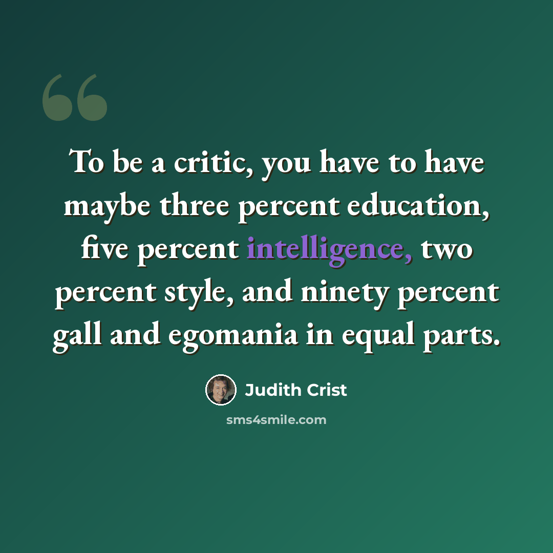 “To be a critic, you have to have maybe three percent education, five percent intelligence, two percent style, and ninety percent gall and egomania in equal parts.” quote by Judith Crist