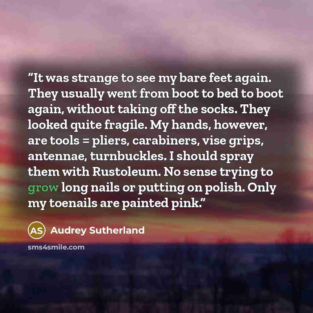 “It was strange to see my bare feet again. They usually went from boot to bed to boot again, without taking off the socks. They looked quite fragile. My hands, however, are tools = pliers, carabiners, vise grips, antennae, turnbuckles. I should spray them with Rustoleum. No sense trying to grow…” quote by Audrey Sutherland