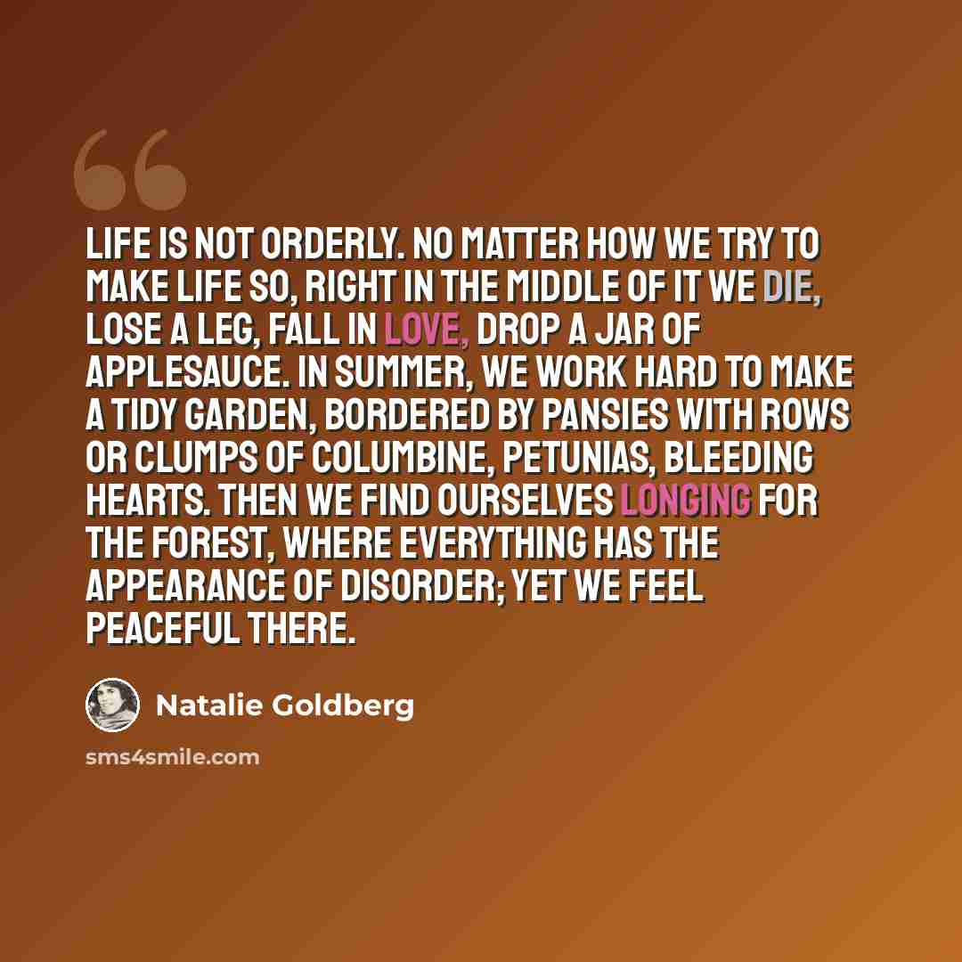 “Life is not orderly. No matter how we try to make life so, right in the middle of it we die, lose a leg, fall in love, drop a jar of applesauce. In summer, we work hard to make a tidy garden, bordered by pansies with rows or clumps of columbine, petunias, bleeding hearts. Then we find ourselves…” quote by Natalie Goldberg