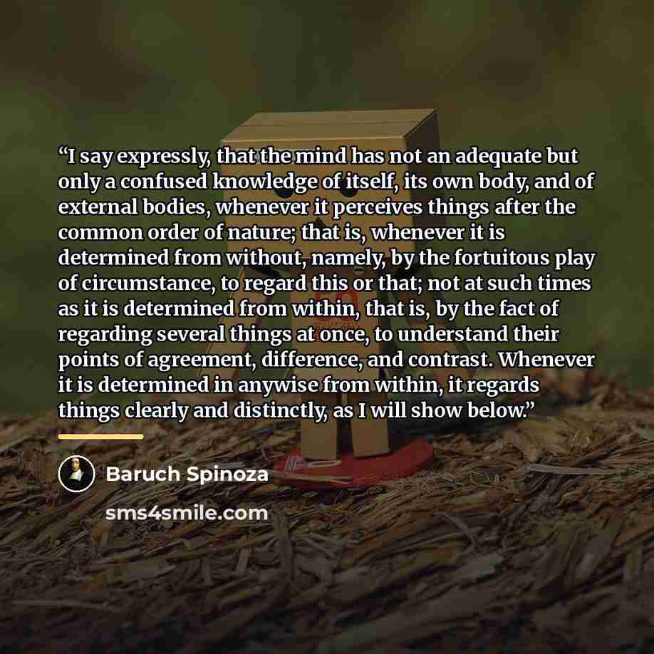 “I say expressly, that the mind has not an adequate but only a confused knowledge of itself, its own body, and of external bodies, whenever it perceives things after the common order of nature; that is, whenever it is determined from without, namely, by the fortuitous play of circumstance, to…” quote by Baruch Spinoza
