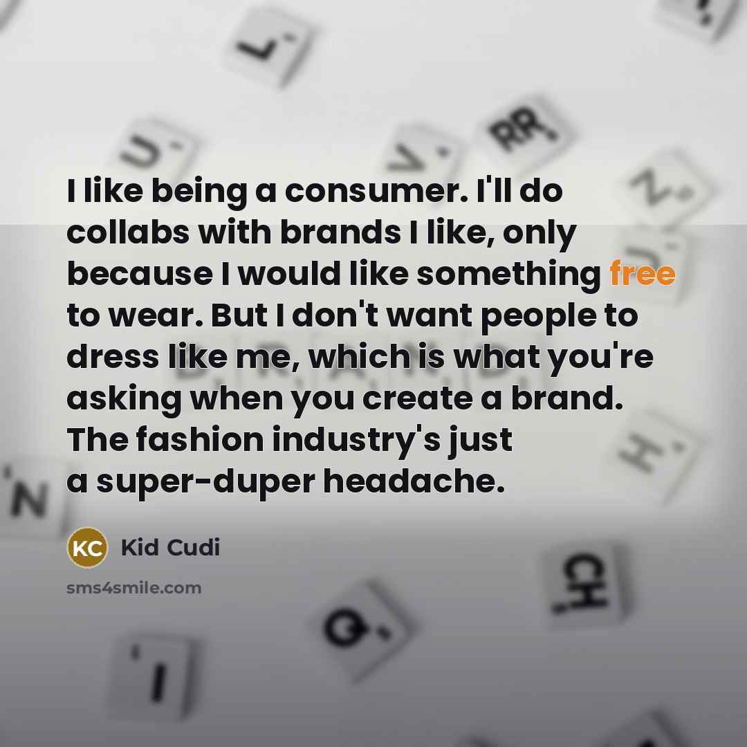 “I like being a consumer. I'll do collabs with brands I like, only because I would like something free to wear. But I don't want people to dress like me, which is what you're asking when you create a brand. The fashion industry's just a super-duper headache.” quote by Kid Cudi