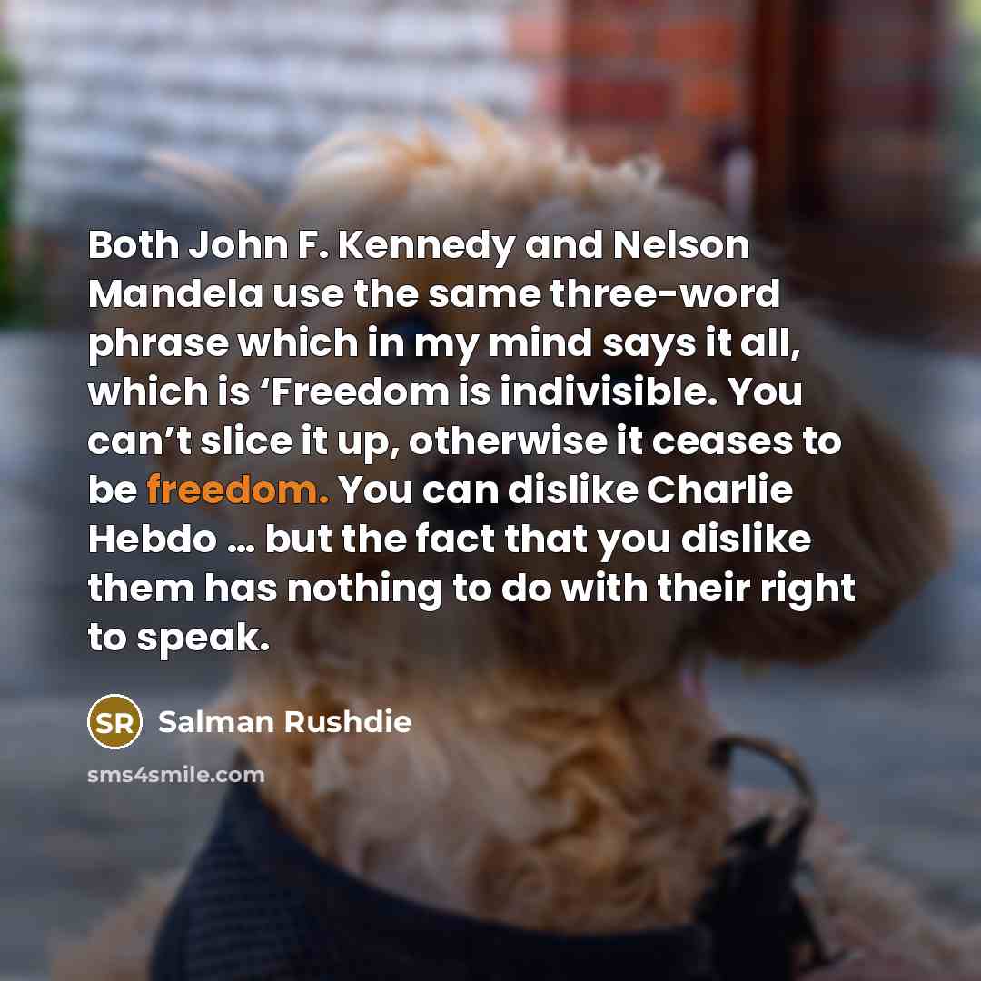 “Both John F. Kennedy and Nelson Mandela use the same three-word phrase which in my mind says it all, which is ‘Freedom is indivisible. You can’t slice it up, otherwise it ceases to be freedom. You can dislike Charlie Hebdo … but the fact that you dislike them has nothing to do with their right to…” quote by Salman Rushdie