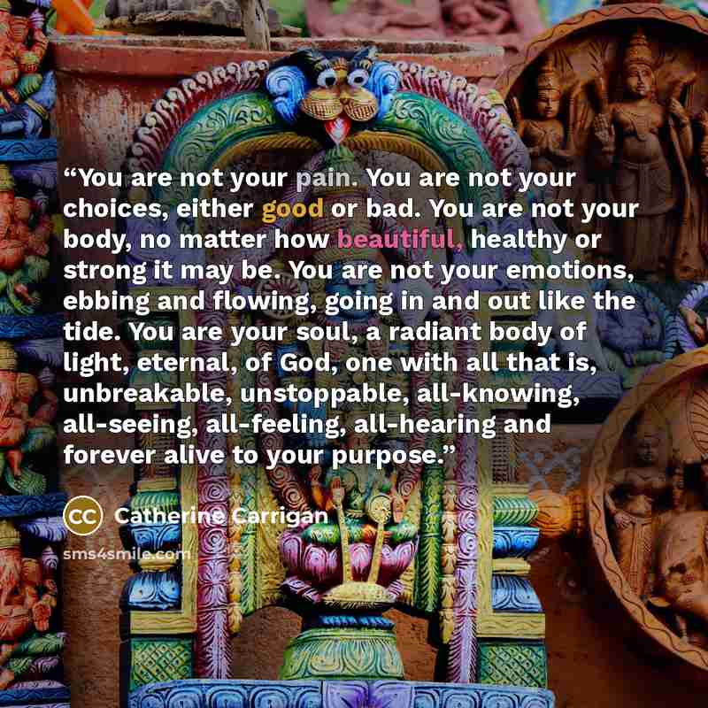“You are not your pain. You are not your choices, either good or bad. You are not your body, no matter how beautiful, healthy or strong it may be. You are not your emotions, ebbing and flowing, going in and out like the tide. You are your soul, a radiant body of light, eternal, of God, one with all…” quote by Catherine Carrigan