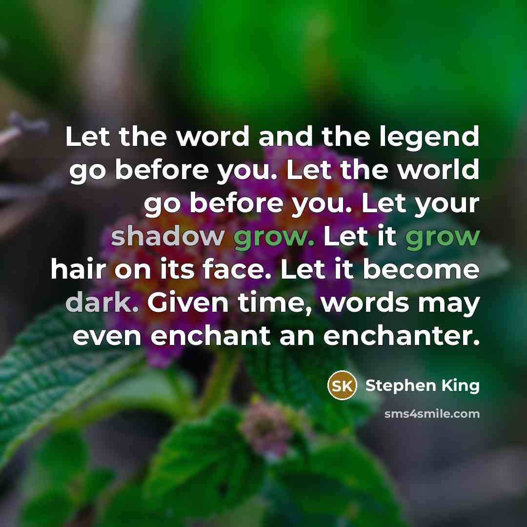 “Let the word and the legend go before you. Let the world go before you. Let your shadow grow. Let it grow hair on its face. Let it become dark. Given time, words may even enchant an enchanter.” quote by Stephen King