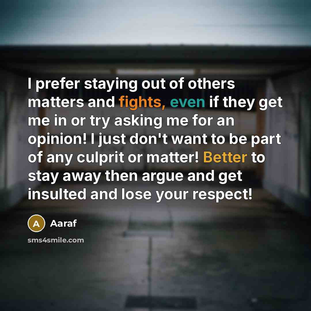 “I prefer staying out of others matters and fights, even if they get me in or try asking me for an opinion! I just don't want to be part of any culprit or matter! Better to stay away then argue and get insulted and lose your respect!” quote by Aaraf