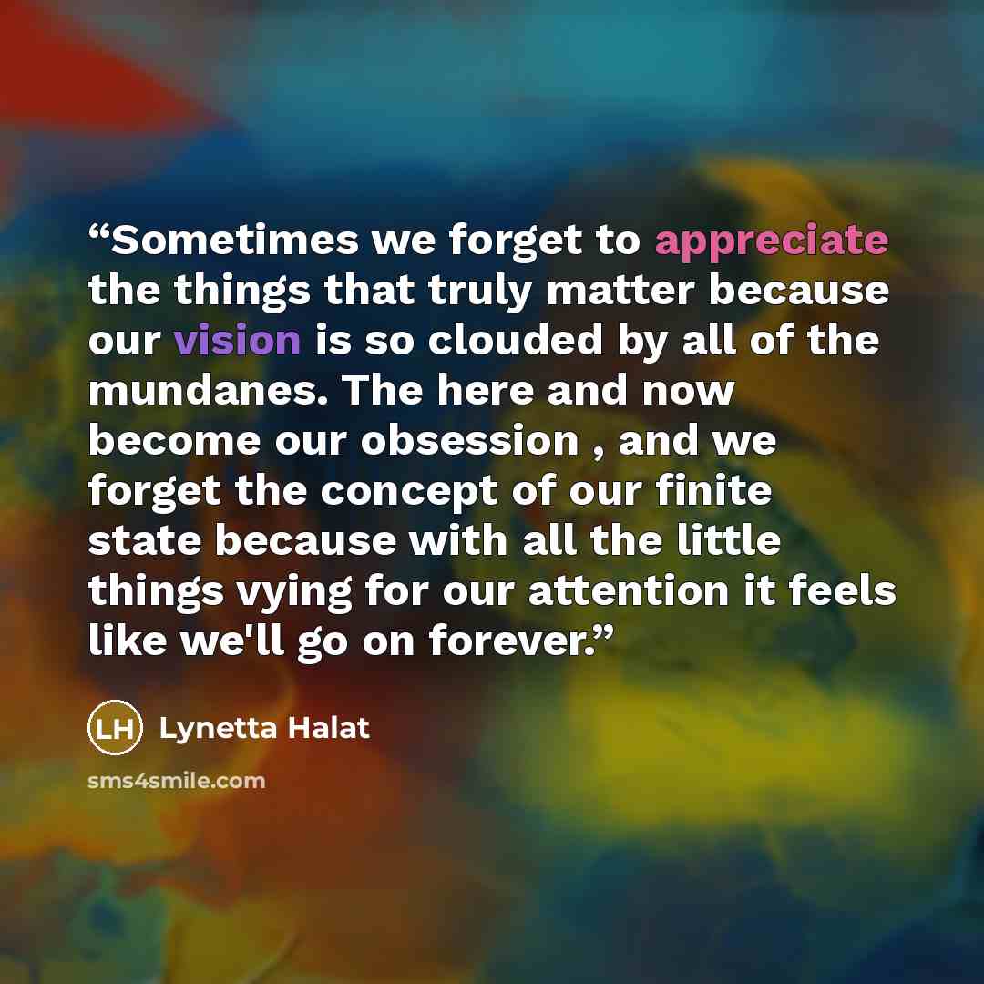 “Sometimes we forget to appreciate the things that truly matter because our vision is so clouded by all of the mundanes. The here and now become our obsession , and we forget the concept of our finite state because with all the little things vying for our attention it feels like we'll go on forever.” quote by Lynetta Halat