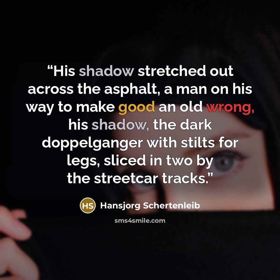 “His shadow stretched out across the asphalt, a man on his way to make good an old wrong, his shadow, the dark doppelganger with stilts for legs, sliced in two by the streetcar tracks.” quote by Hansjorg Schertenleib