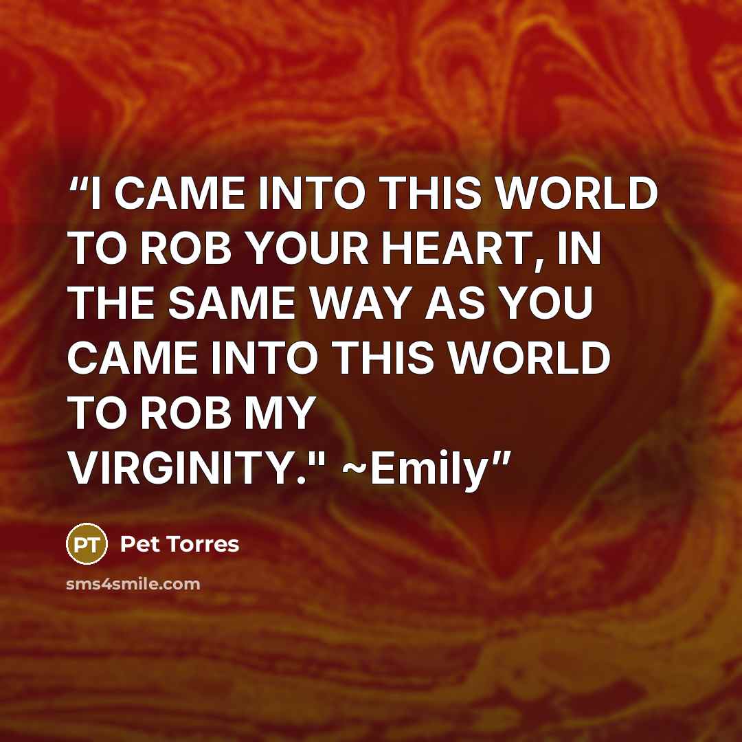 “I CAME INTO THIS WORLD TO ROB YOUR HEART, IN THE SAME WAY AS YOU CAME INTO THIS WORLD TO ROB MY VIRGINITY." ~Emily” quote by Pet TorreS