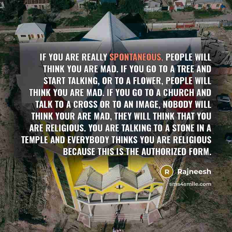 “If you are really spontaneous, people will think you are mad. If you go to a tree and start talking, or to a flower, people will think you are mad. If you go to a church and talk to a cross or to an image, nobody will think your are mad, they will think that you are religious. You are talking to a…” quote by Rajneesh