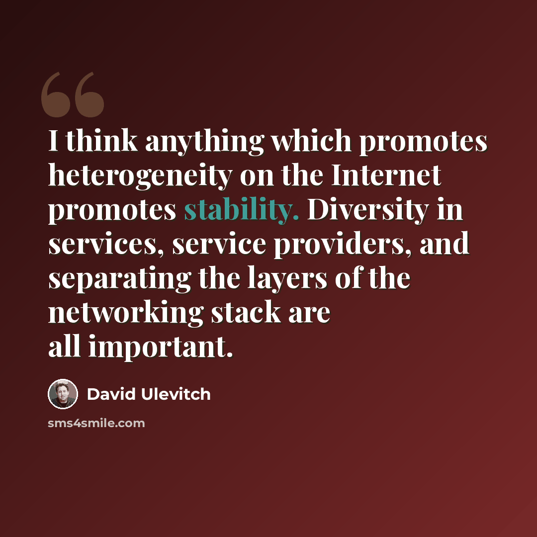 “I think anything which promotes heterogeneity on the Internet promotes stability. Diversity in services, service providers, and separating the layers of the networking stack are all important.” quote by David Ulevitch