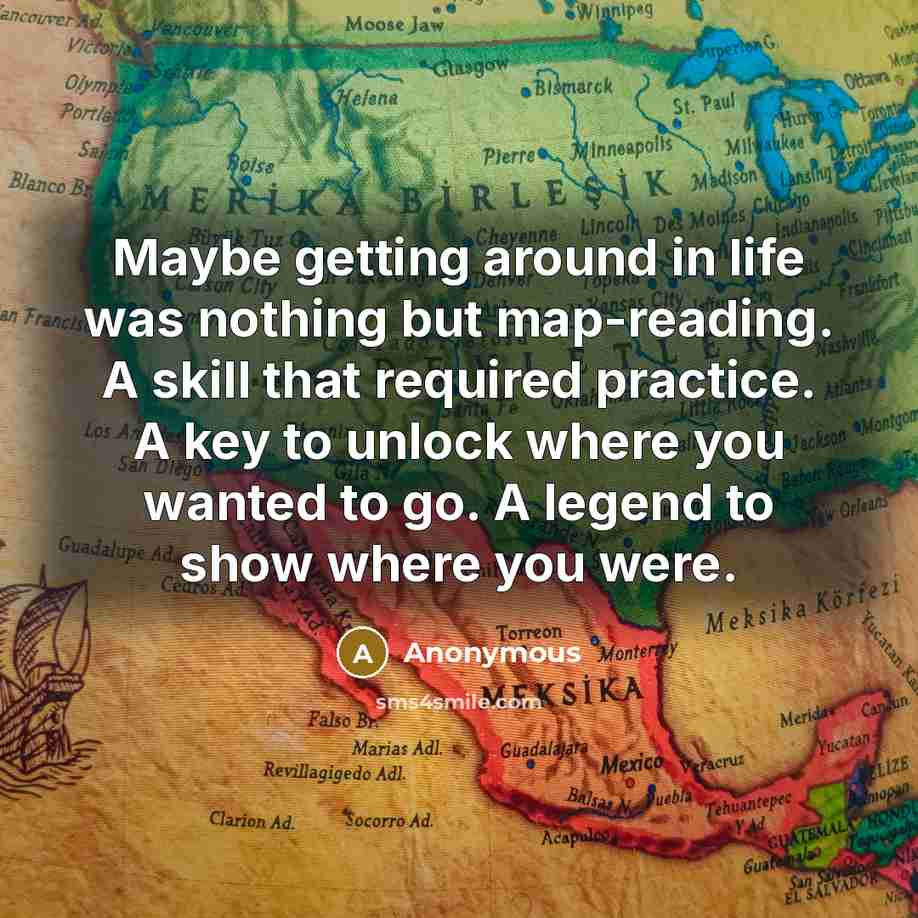 “Maybe getting around in life was nothing but map-reading. A skill that required practice. A key to unlock where you wanted to go. A legend to show where you were.” quote by Anonymous