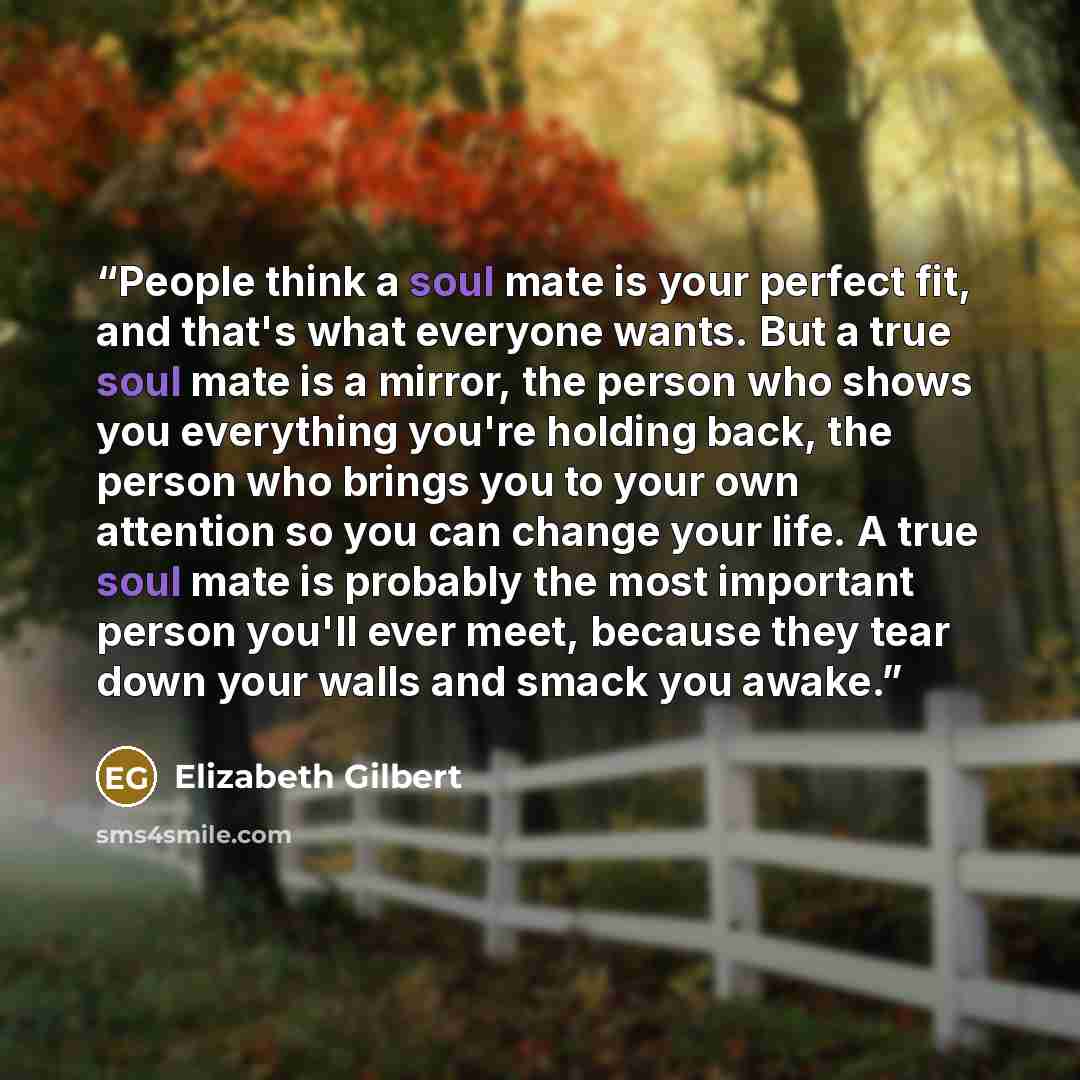 “People think a soul mate is your perfect fit, and that's what everyone wants. But a true soul mate is a mirror, the person who shows you everything you're holding back, the person who brings you to your own attention so you can change your life. A true soul mate is probably the most important…” quote by Elizabeth Gilbert