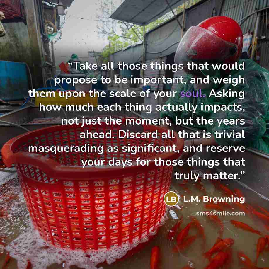 “Take all those things that would propose to be important, and weigh them upon the scale of your soul. Asking how much each thing actually impacts, not just the moment, but the years ahead. Discard all that is trivial masquerading as significant, and reserve your days for those things that truly…” quote by L.M. Browning