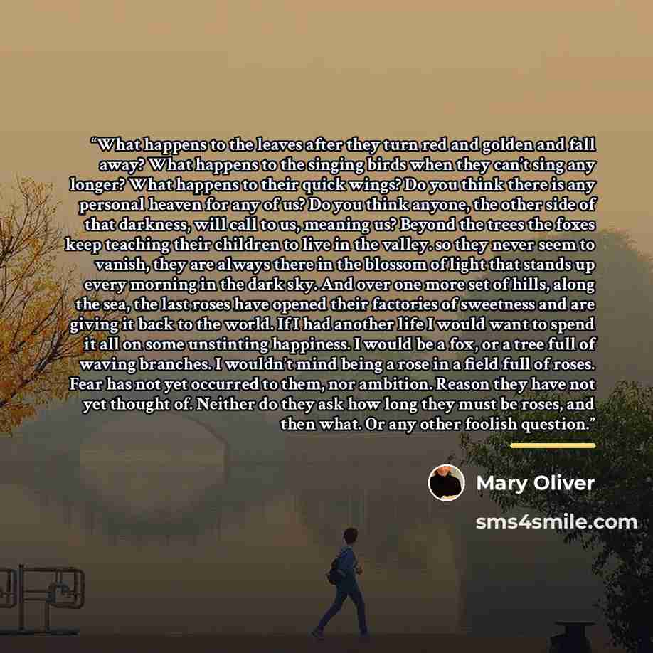 “What happens to the leaves after they turn red and golden and fall away? What happens to the singing birds when they can’t sing any longer? What happens to their quick wings? Do you think there is any personal heaven for any of us? Do you think anyone, the other side of that darkness, will call to…” quote by Mary Oliver