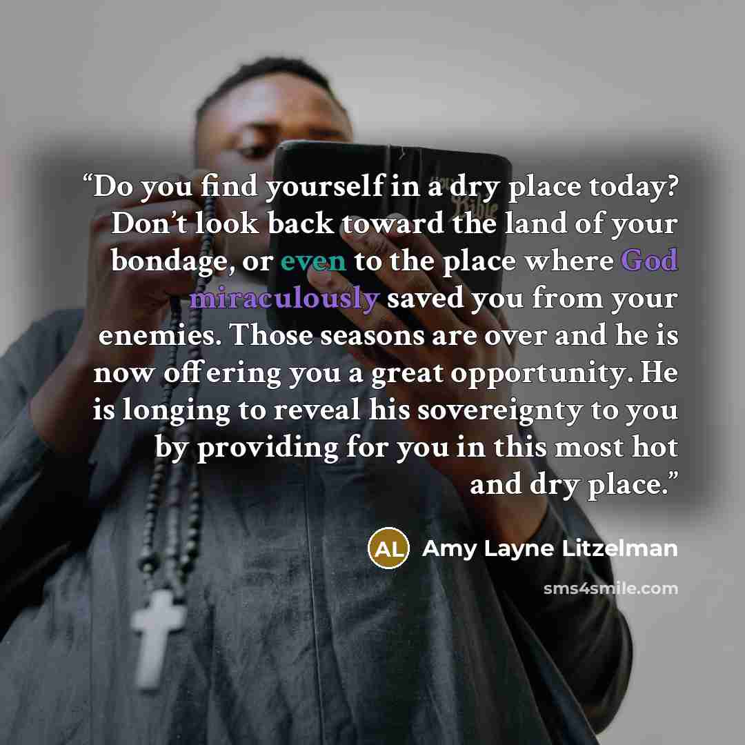 “Do you find yourself in a dry place today? Don’t look back toward the land of your bondage, or even to the place where God miraculously saved you from your enemies. Those seasons are over and he is now offering you a great opportunity. He is longing to reveal his sovereignty to you by providing…” quote by Amy Layne Litzelman