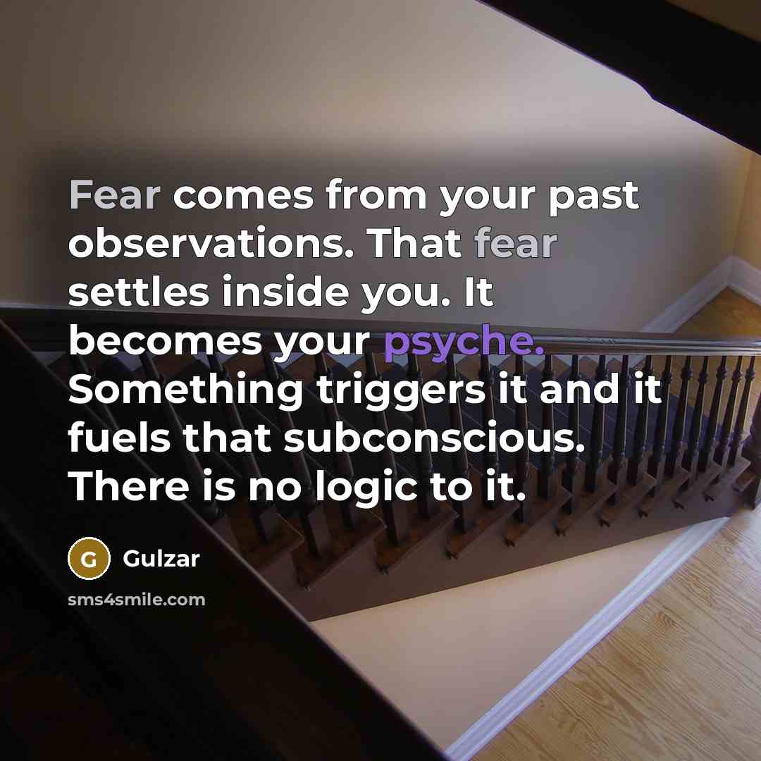 “Fear comes from your past observations. That fear settles inside you. It becomes your psyche. Something triggers it and it fuels that subconscious. There is no logic to it.” quote by Gulzar