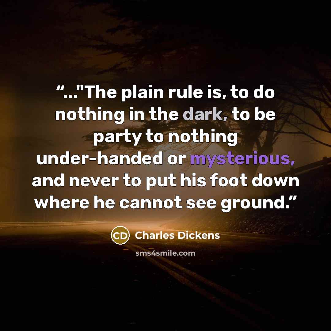 “..."The plain rule is, to do nothing in the dark, to be party to nothing under-handed or mysterious, and never to put his foot down where he cannot see ground.” quote by Charles Dickens