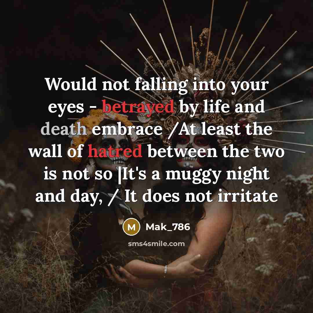 “Would not falling into your eyes - betrayed by life and death embrace /At least the wall of hatred between the two is not so |It's a muggy night and day, / It does not irritate” quote by Mak_786