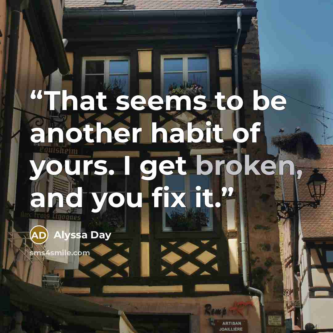 “That seems to be another habit of yours. I get broken, and you fix it.” quote by Alyssa Day