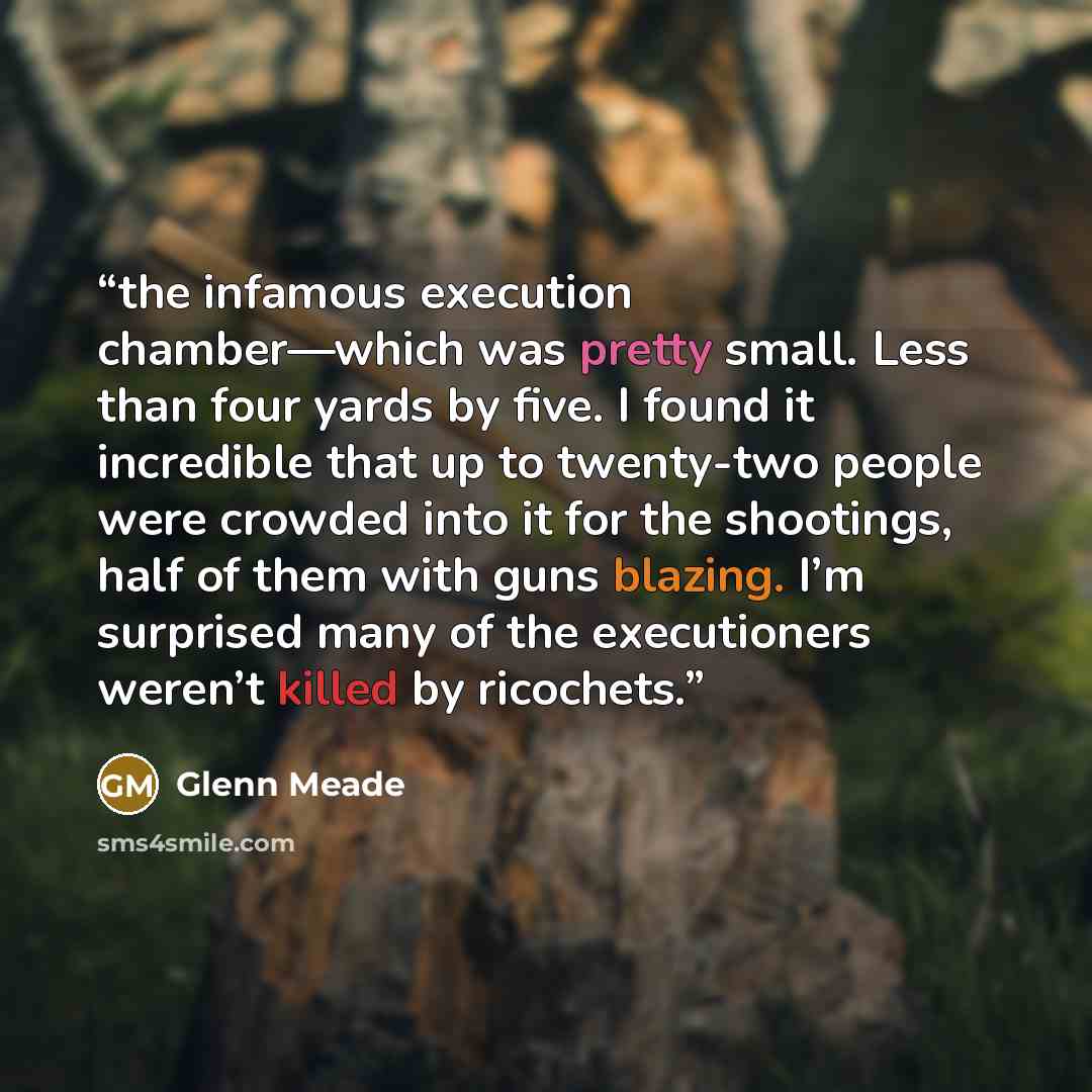 “the infamous execution chamber—which was pretty small. Less than four yards by five. I found it incredible that up to twenty-two people were crowded into it for the shootings, half of them with guns blazing. I’m surprised many of the executioners weren’t killed by ricochets.” quote by Glenn Meade