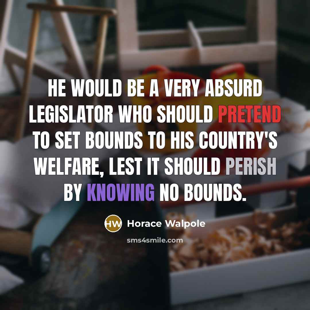 “He would be a very absurd legislator who should pretend to set bounds to his country's welfare, lest it should perish by knowing no bounds.” quote by Horace Walpole