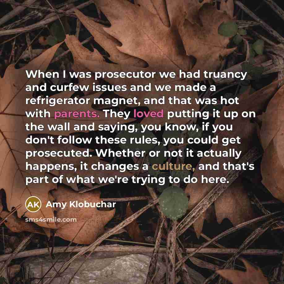 “When I was prosecutor we had truancy and curfew issues and we made a refrigerator magnet, and that was hot with parents. They loved putting it up on the wall and saying, you know, if you don't follow these rules, you could get prosecuted. Whether or not it actually happens, it changes a culture…” quote by Amy Klobuchar