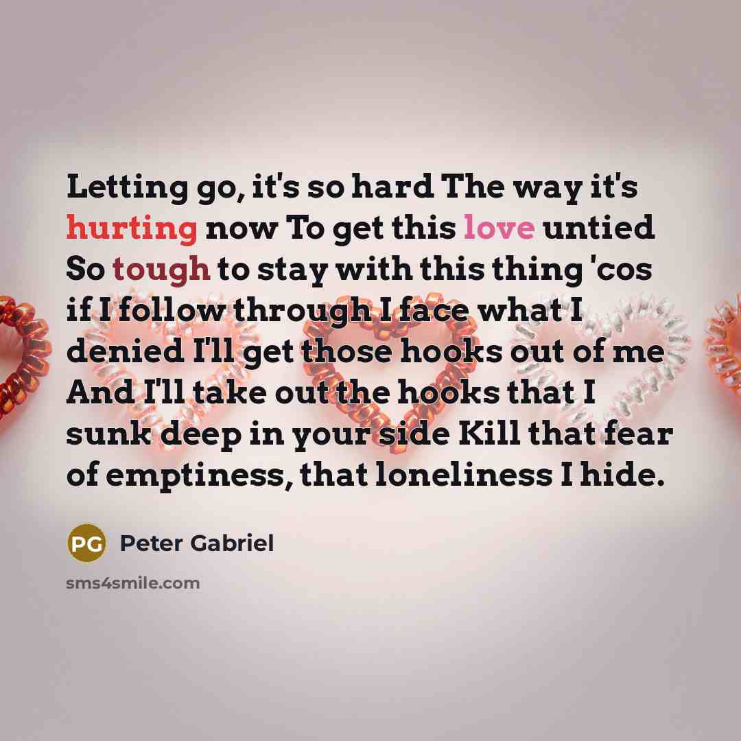 “Letting go, it's so hard The way it's hurting now To get this love untied So tough to stay with this thing 'cos if I follow through I face what I denied I'll get those hooks out of me And I'll take out the hooks that I sunk deep in your side Kill that fear of emptiness, that loneliness I hide.” quote by Peter Gabriel