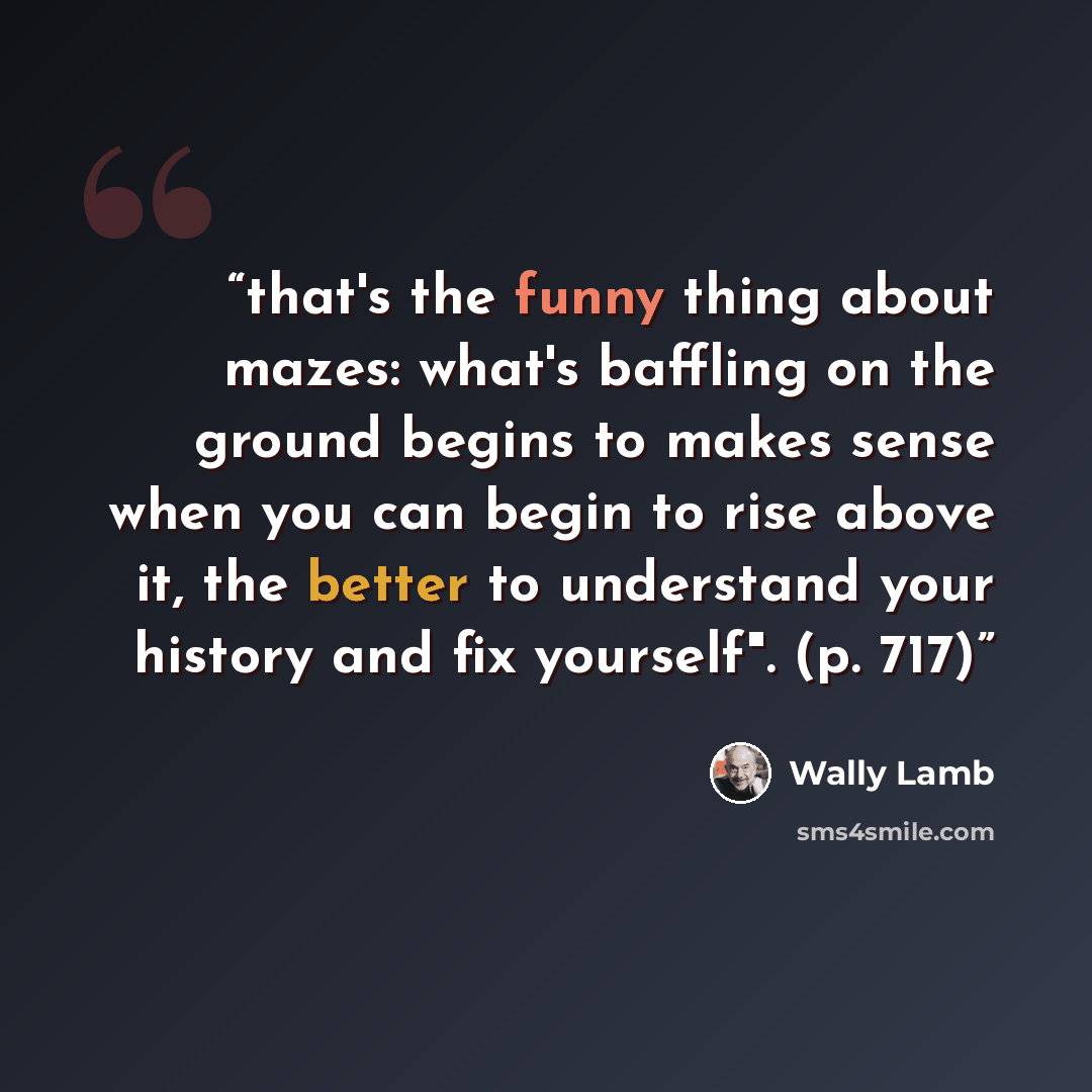 “that's the funny thing about mazes: what's baffling on the ground begins to makes sense when you can begin to rise above it, the better to understand your history and fix yourself". (p. 717)” quote by Wally Lamb
