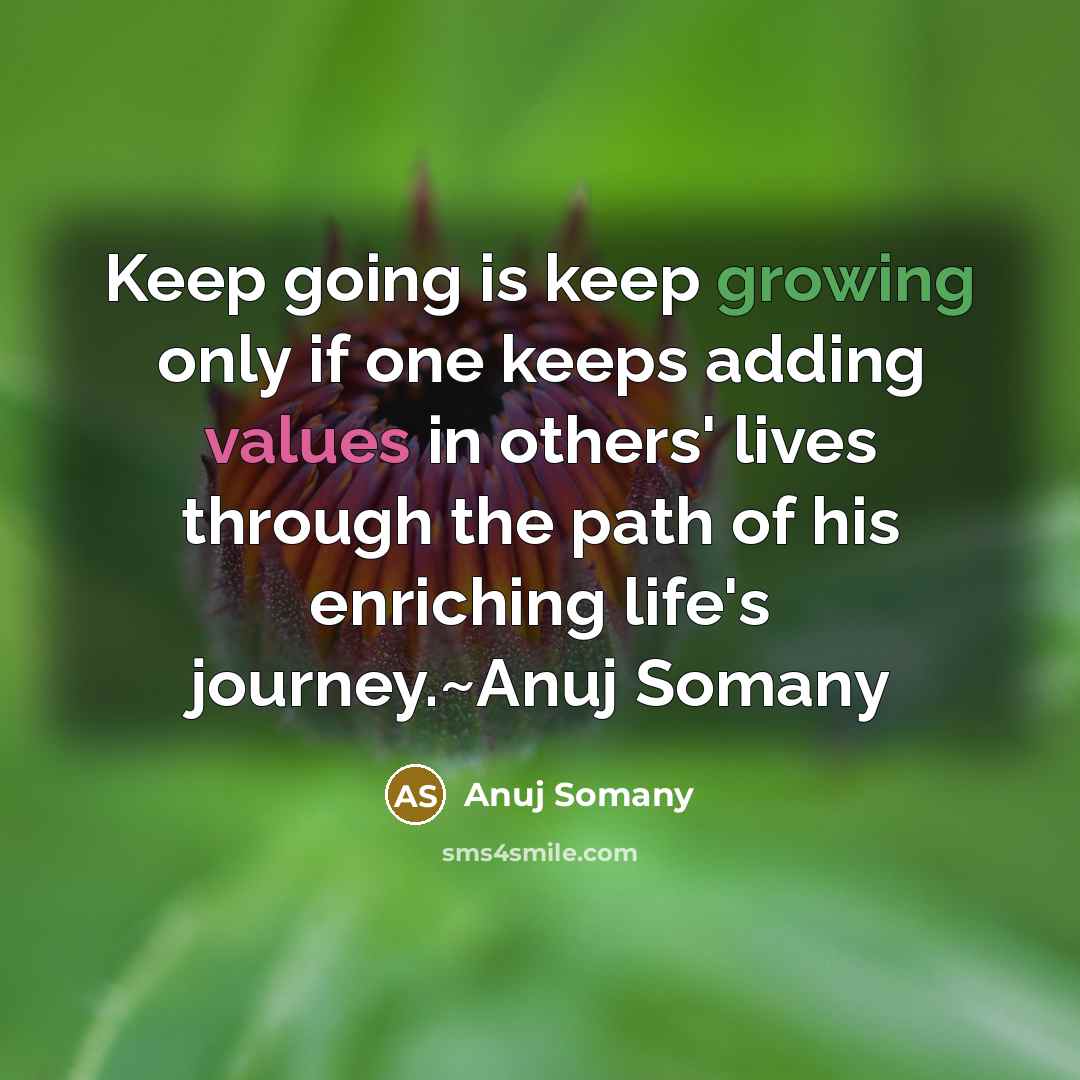 “Keep going is keep growing only if one keeps adding values in others' lives through the path of his enriching life's journey.~Anuj Somany” quote by Anuj Somany