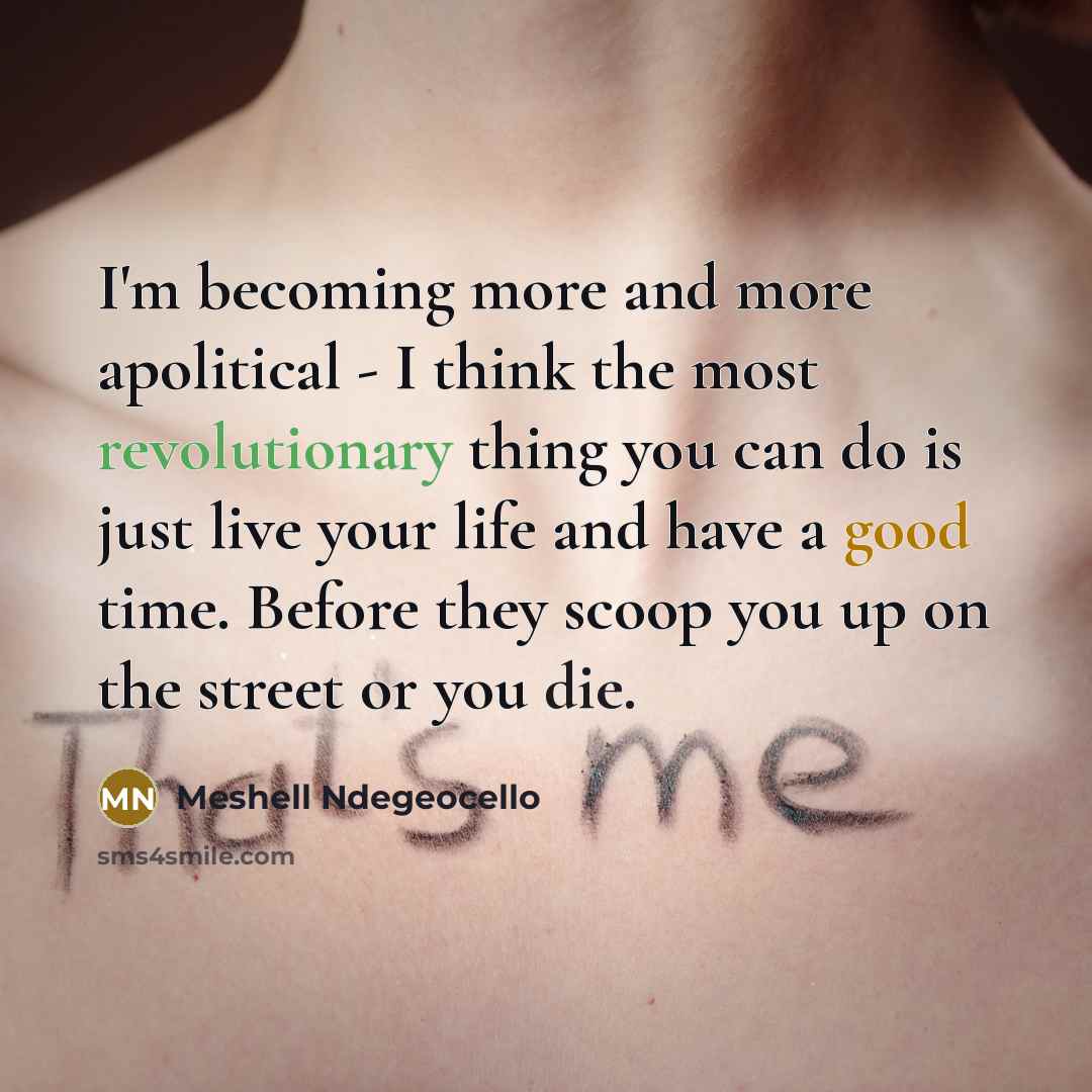 “I'm becoming more and more apolitical - I think the most revolutionary thing you can do is just live your life and have a good time. Before they scoop you up on the street or you die.” quote by Meshell Ndegeocello