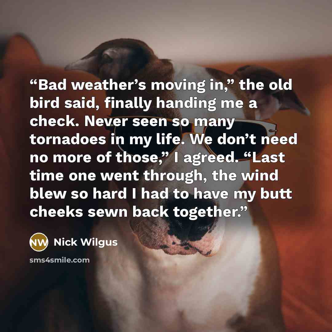 “Bad weather’s moving in,” the old bird said, finally handing me a check. Never seen so many tornadoes in my life. We don’t need no more of those,” I agreed. “Last time one went through, the wind blew so hard I had to have my butt cheeks sewn back together.” quote by Nick Wilgus
