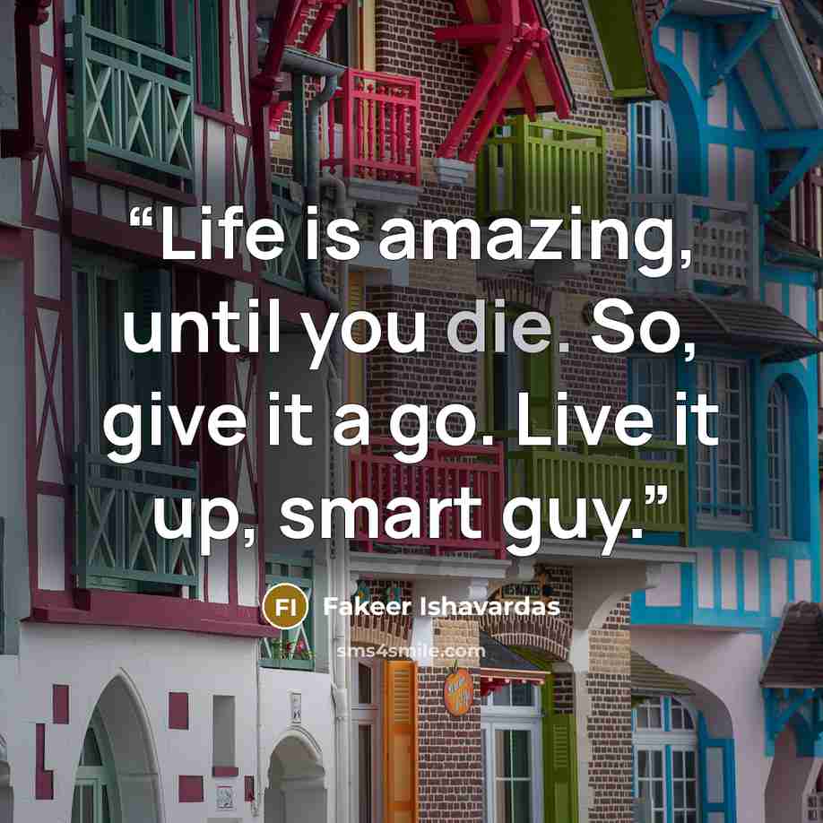 “Life is amazing, until you die. So, give it a go. Live it up, smart guy.” quote by Fakeer Ishavardas