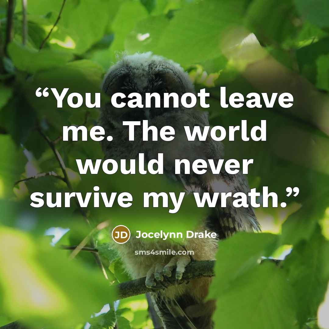 “You cannot leave me. The world would never survive my wrath.” quote by Jocelynn Drake