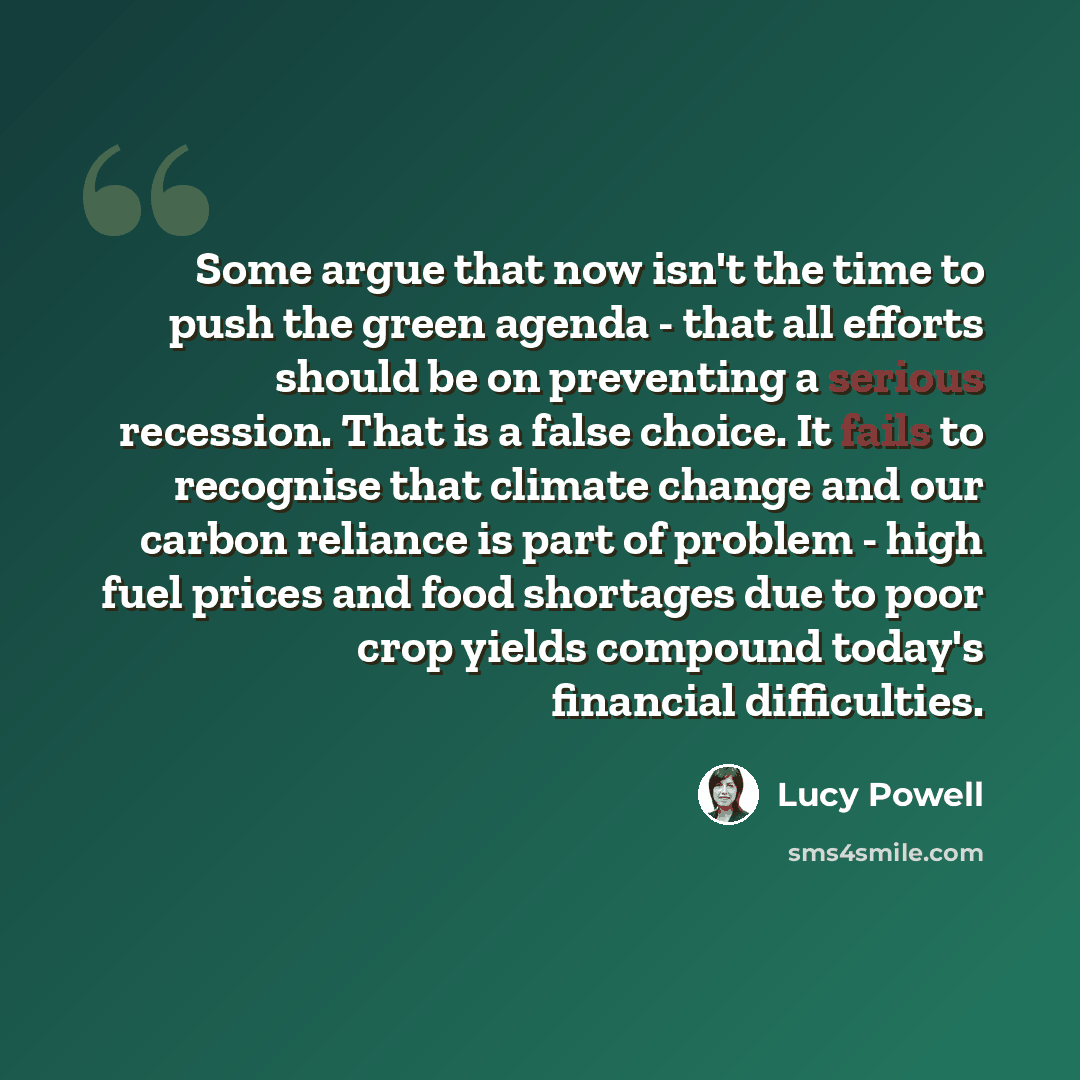 “Some argue that now isn't the time to push the green agenda - that all efforts should be on preventing a serious recession. That is a false choice. It fails to recognise that climate change and our carbon reliance is part of problem - high fuel prices and food shortages due to poor crop yields…” quote by Lucy Powell