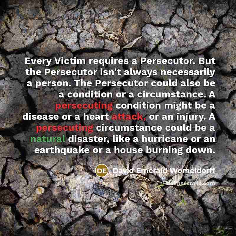 “Every Victim requires a Persecutor. But the Persecutor isn't always necessarily a person. The Persecutor could also be a condition or a circumstance. A persecuting condition might be a disease or a heart attack, or an injury. A persecuting circumstance could be a natural disaster, like a hurricane…” quote by David Emerald Womeldorff