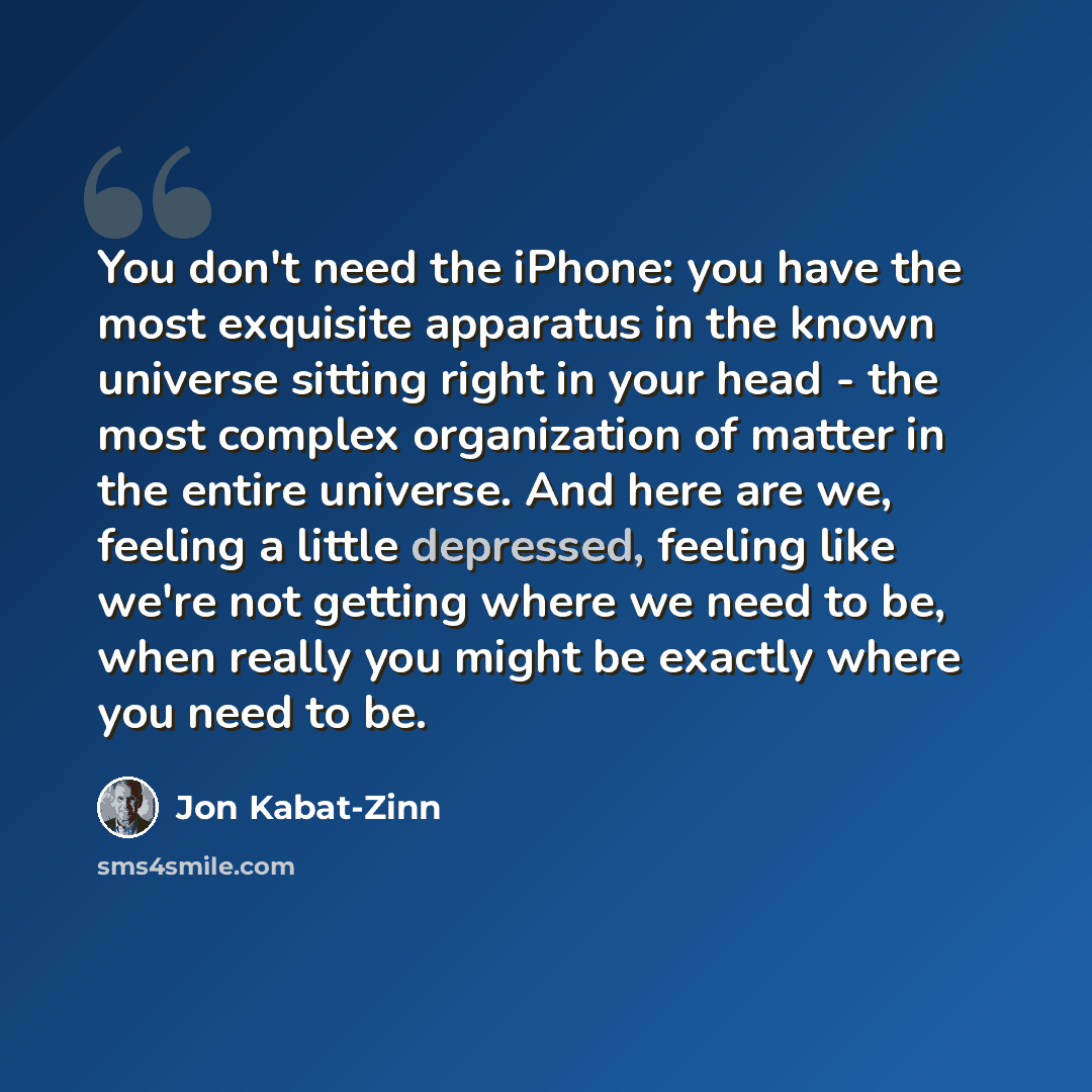 “You don't need the iPhone: you have the most exquisite apparatus in the known universe sitting right in your head - the most complex organization of matter in the entire universe. And here are we, feeling a little depressed, feeling like we're not getting where we need to be, when really you might…” quote by Jon Kabat-Zinn