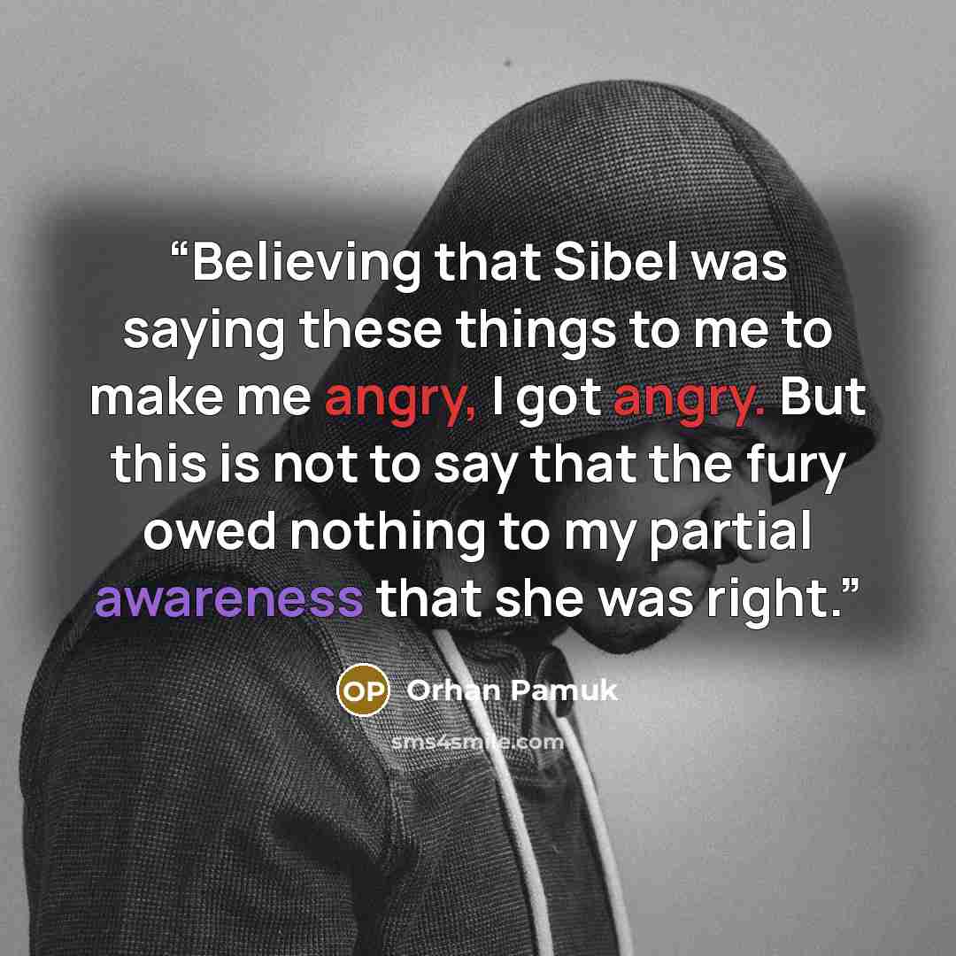 “Believing that Sibel was saying these things to me to make me angry, I got angry. But this is not to say that the fury owed nothing to my partial awareness that she was right.” quote by Orhan Pamuk