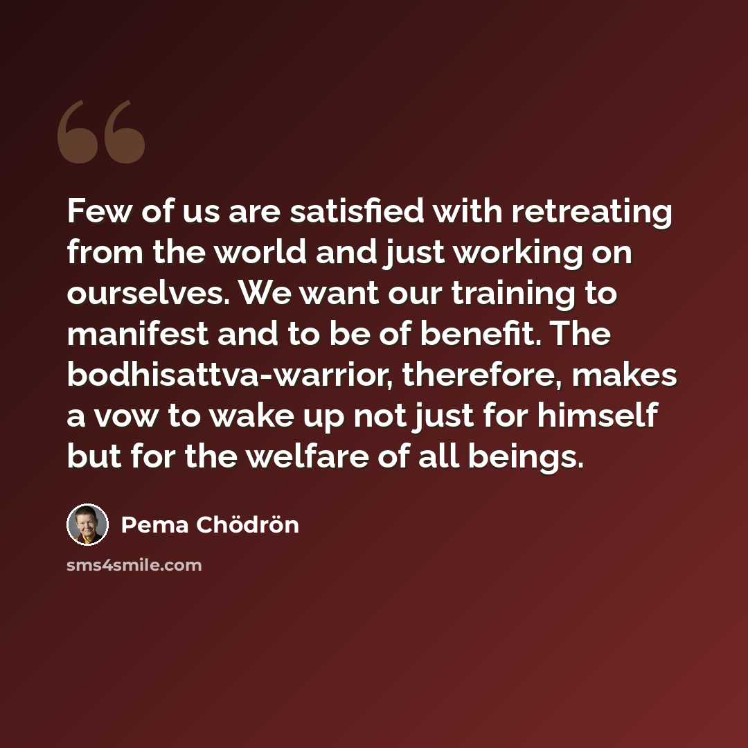 “Few of us are satisfied with retreating from the world and just working on ourselves. We want our training to manifest and to be of benefit. The bodhisattva-warrior, therefore, makes a vow to wake up not just for himself but for the welfare of all beings.” quote by Pema Chodron