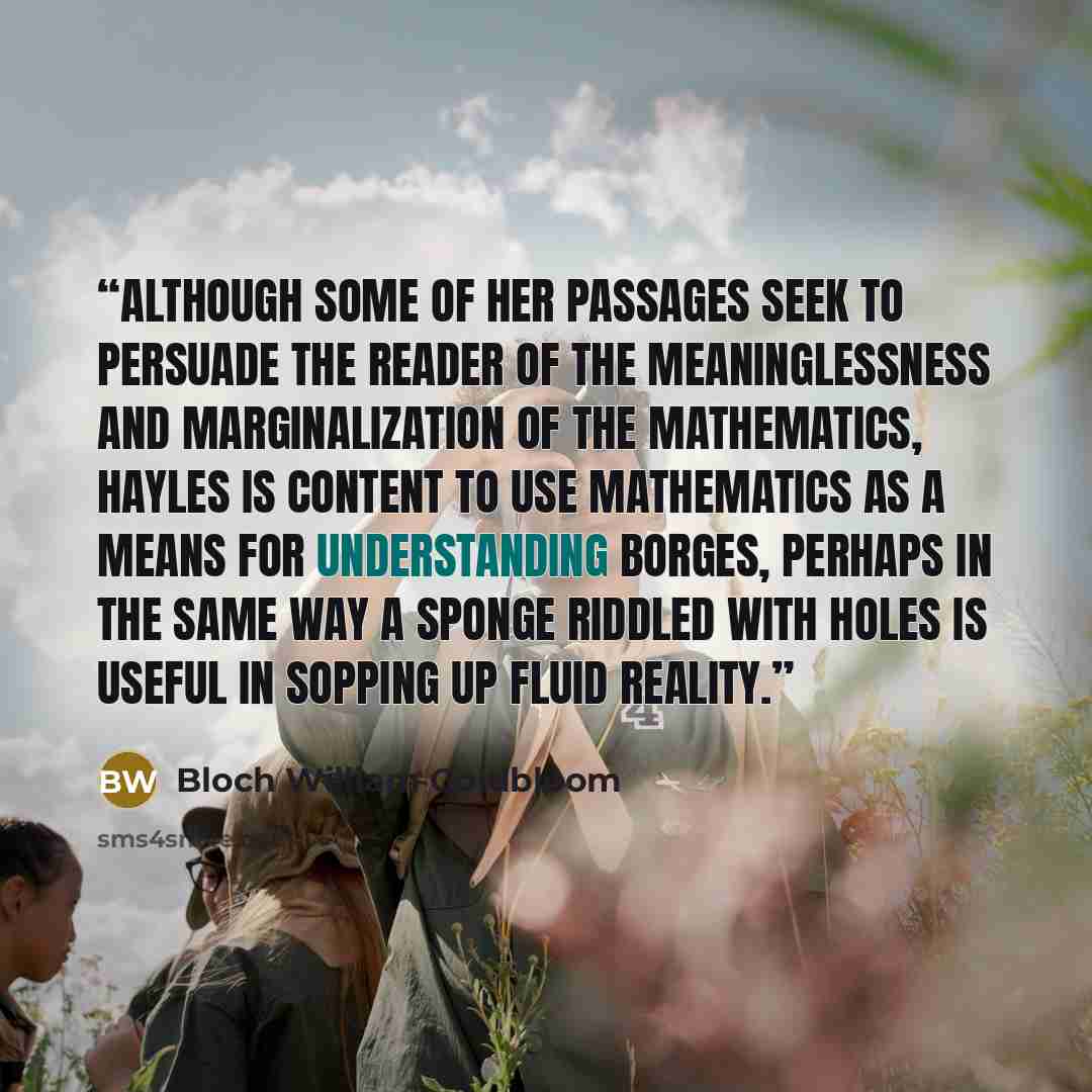 “Although some of her passages seek to persuade the reader of the meaninglessness and marginalization of the mathematics, Hayles is content to use mathematics as a means for understanding Borges, perhaps in the same way a sponge riddled with holes is useful in sopping up fluid reality.” quote by Bloch William Goldbloom