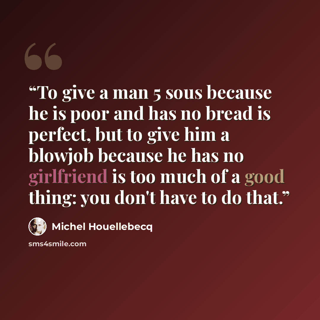 “To give a man 5 sous because he is poor and has no bread is perfect, but to give him a blowjob because he has no girlfriend is too much of a good thing: you don't have to do that.” quote by Michel Houellebecq