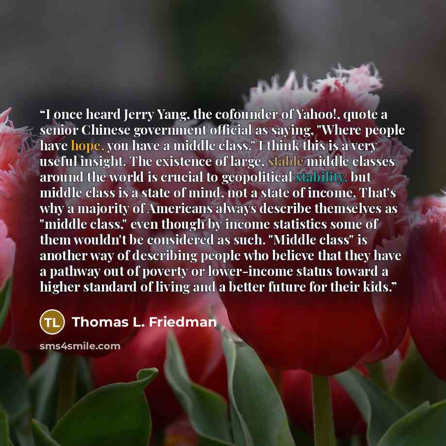 “I once heard Jerry Yang, the cofounder of Yahoo!, quote a senior Chinese government official as saying, "Where people have hope, you have a middle class." I think this is a very useful insight. The existence of large, stable middle classes around the world is crucial to geopolitical stability, but…” quote by Thomas L. Friedman