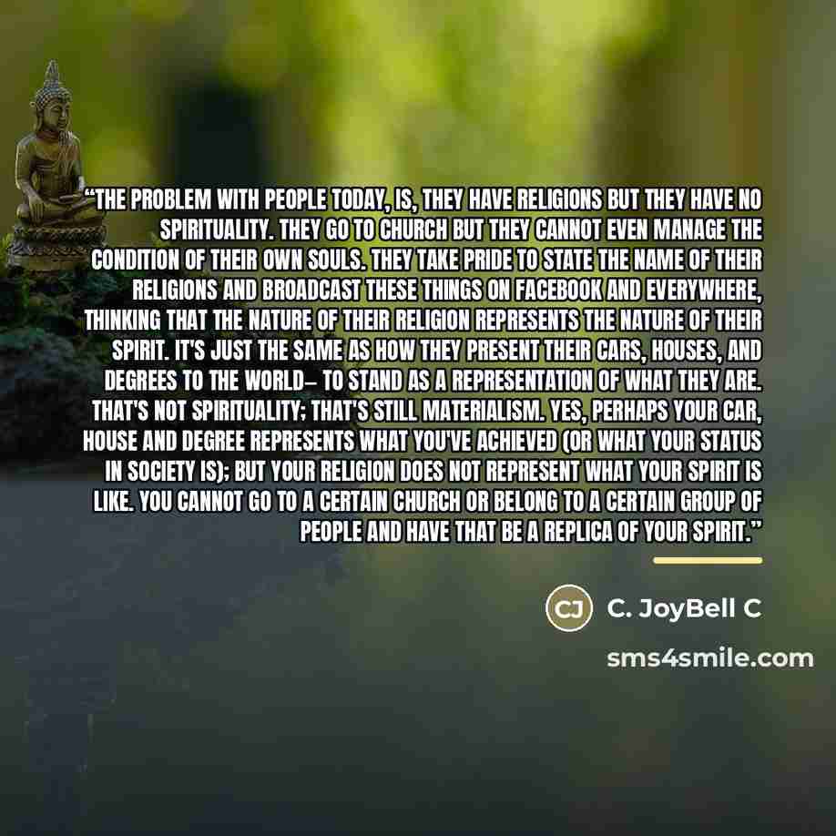 “The problem with people today, is, they have religions but they have no spirituality. They go to church but they cannot even manage the condition of their own souls. They take pride to state the name of their religions and broadcast these things on facebook and everywhere, thinking that the nature…” quote by C. JoyBell C