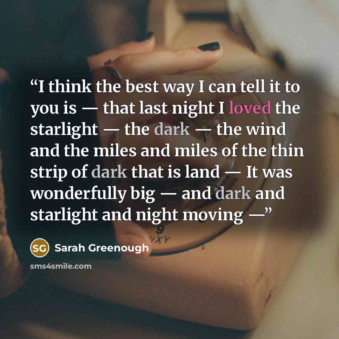 “I think the best way I can tell it to you is — that last night I loved the starlight — the dark — the wind and the miles and miles of the thin strip of dark that is land — It was wonderfully big — and dark and starlight and night moving —” quote by Sarah Greenough