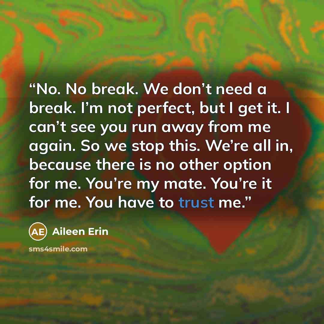 “No. No break. We don’t need a break. I’m not perfect, but I get it. I can’t see you run away from me again. So we stop this. We’re all in, because there is no other option for me. You’re my mate. You’re it for me. You have to trust me.” quote by aileen erin